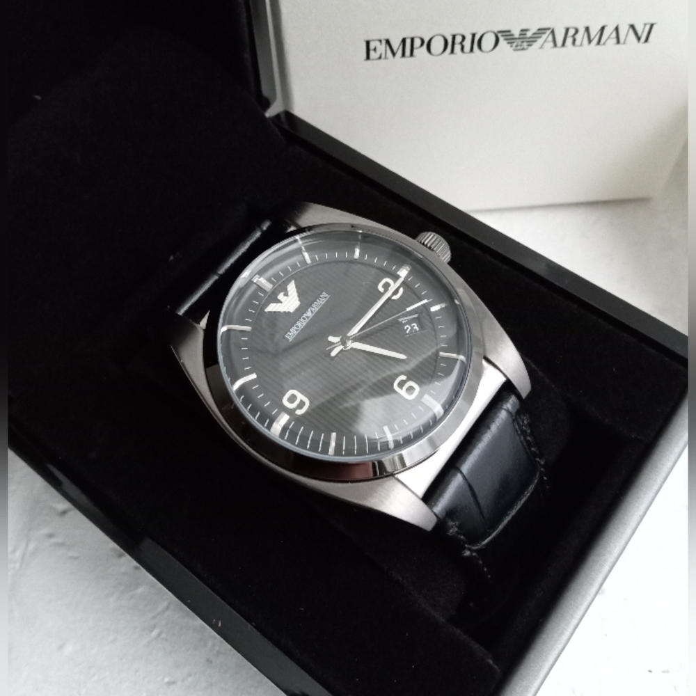 Emporio Armani AR0368 Classic Black Dial Leather Strap Gray Steel Men's Watch